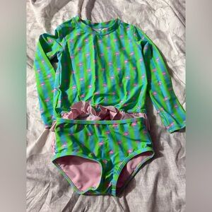 Ruffle Butts Green and Pink Flamingo Rashguard Set